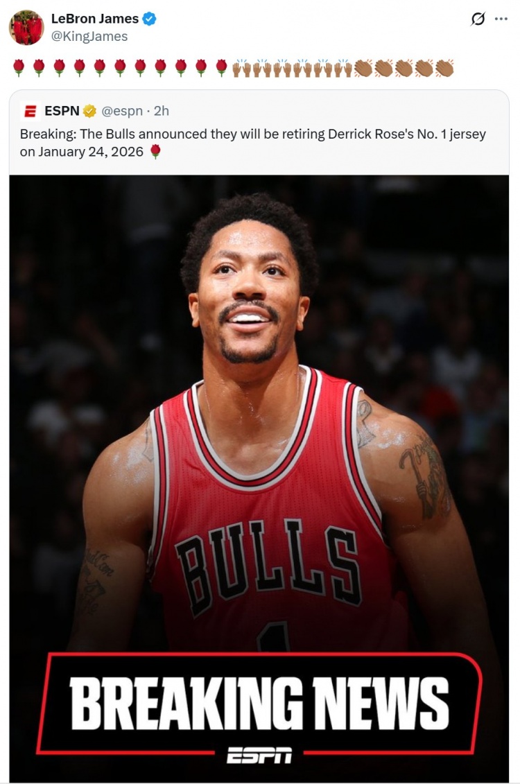 开云注册入口-亦敌亦友!詹姆斯祝贺罗斯1号球衣退役:🌹🙌🏾👏🏾